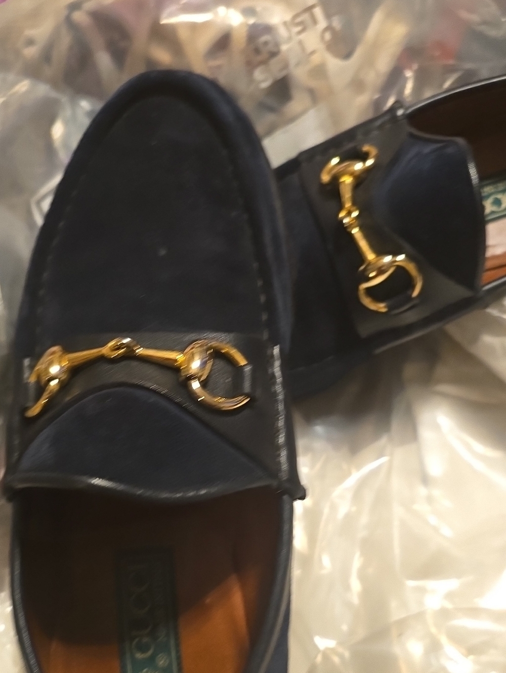 Gucci Navy Blue Suede Loafers with Brown Leather Insole